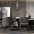 Stylish Modern Dining Table Set With Grey Chairs Circular Pendant Light And Artwork 3d model