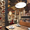 Rustic Restaurant Interior With Wooden Lattice Partition Hanging Lights Dining Tables And Brass Plates