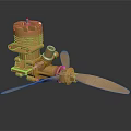 Golden Mechanical Engine Device With Shiny Propeller Blade And Metal Components