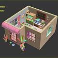 Cute Cat In Pink Cafe Model With Kitchen Interior And Outdoor Plants