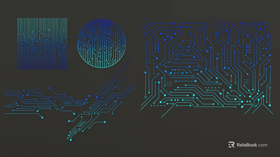 Abstract Circuit Board Line Designs With Blue Teal Patterns On Dark Background 3d model 