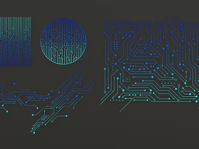 Abstract Circuit Board Line Designs With Blue Teal Patterns On Dark Background 3d model