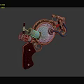 Steampunk Style Pistol Weapon With Wooden Grip Metallic Components Brass Accents And Blue Pipes