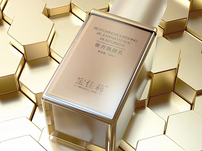 Luxury Perfume Cosmetics With Golden Hexagonal Background And Elegant Packaging Design 3d model