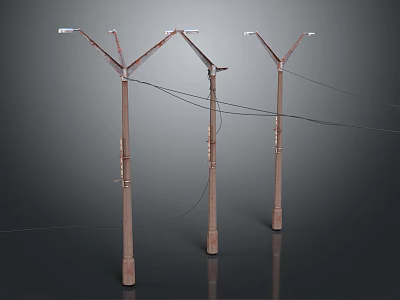 Three Rustic Utility Poles With Overhead Wires And Street Lamp Fixtures 3d model