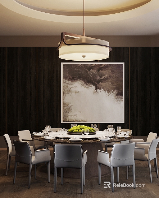 Elegant Private Dining Room Interior With Round Table Green Plant Centerpiece Chandelier And Wall Painting 3d model 