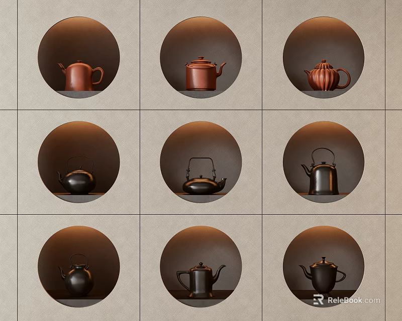 Various Colored Teapots Neatly Arranged in Nine Grid Wall Display Shelves 3d model 