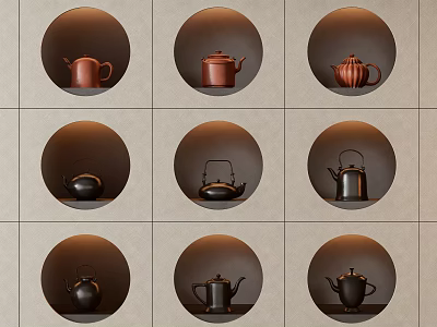 Various Colored Teapots Neatly Arranged in Nine Grid Wall Display Shelves 3d model