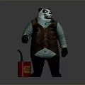 Panda Themed Game Character Wearing Brown Vest And Blue Long Sleeves Holding Red Container