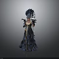 Elaborate Black Feather Gown Costume With Decorative Headdress And Scepter Like Object For Theatrical Performance