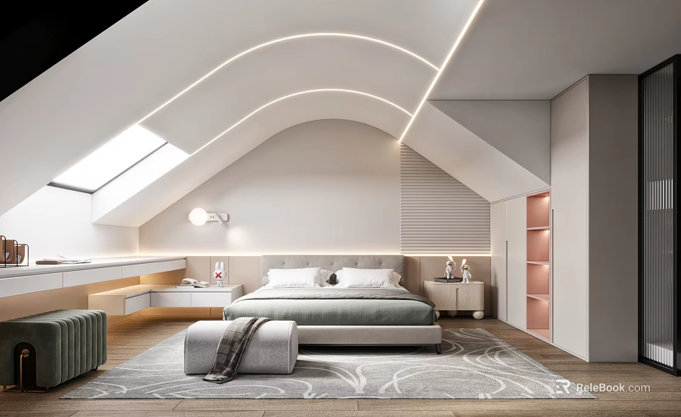Modern Attic Bedroom Interior With Skylight Curved LED Lighting Comfortable Bed And Soft Rug 3d model 