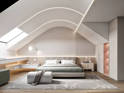Modern Attic Bedroom Interior With Skylight Curved LED Lighting Comfortable Bed And Soft Rug 3d model