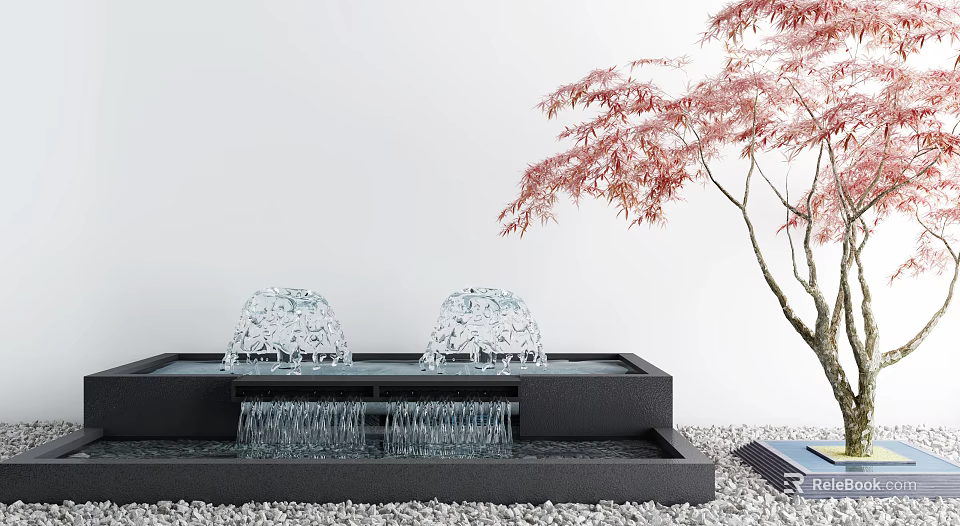 Stylish Garden Decor With Crystal Fountains Black Basin Pink Leaved Tree And Pebbles 3d model 