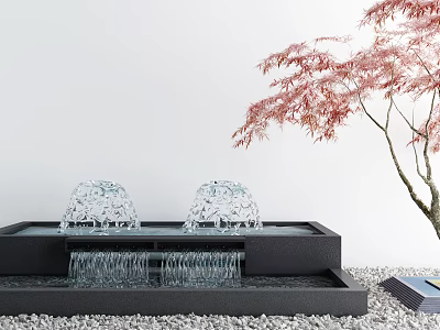 Stylish Garden Decor With Crystal Fountains Black Basin Pink Leaved Tree And Pebbles 3d model