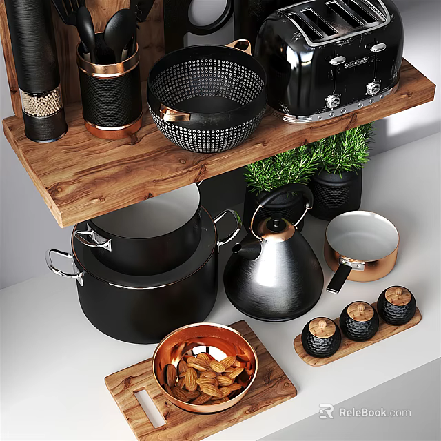 Stylish Kitchen Utensils Display On Wooden Shelf With Pots Kettle Bowls And Green Plants 3d model 