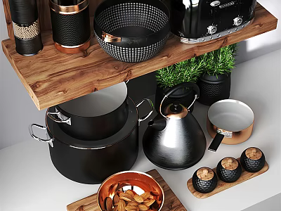 Stylish Kitchen Utensils Display On Wooden Shelf With Pots Kettle Bowls And Green Plants 3d model