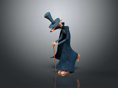 Bent Wizard Rat Character In Blue Robe With Tall Hat And Walking Cane 3d model