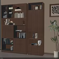 Modern Walnut Wood Bookcase With Open Shelves Closed Cabinets And Decorative Items
