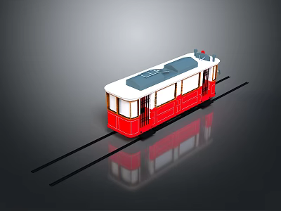 Red and White Vintage Tram Exterior with Black Roof Windows on Tracks 3d model