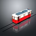 Red and White Vintage Tram Exterior with Black Roof Windows on Tracks