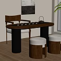 Modern Wooden Tea Table And Chairs With Stools Near Window And Green Plant