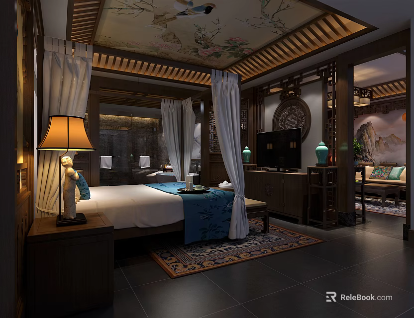 Traditional Chinese Hotel Guest Room With Canopy Bed Classic Ceiling Design And Decor 3d model 