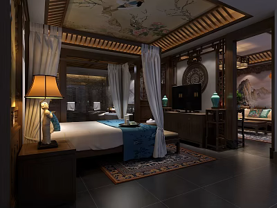 Traditional Chinese Hotel Guest Room With Canopy Bed Classic Ceiling Design And Decor 3d model