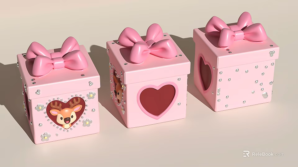 Pink Decorative Ornament Set with Bowknots Heart Shaped Windows Deer Pattern Stars and Dots 3d model 