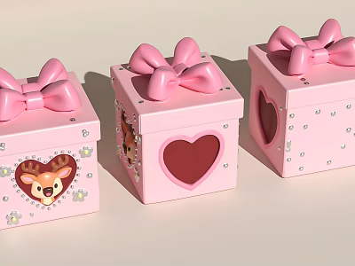 Pink Decorative Ornament Set with Bowknots Heart Shaped Windows Deer Pattern Stars and Dots 3d model