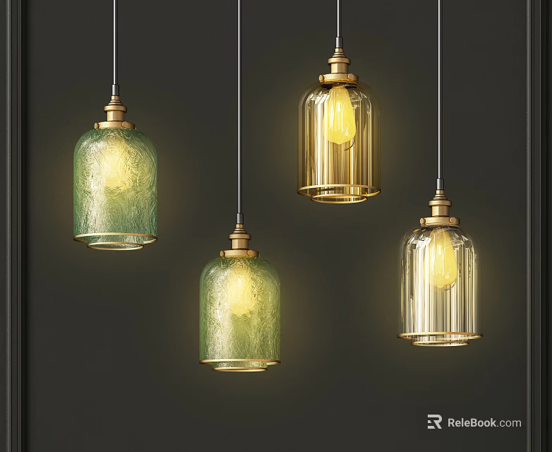 Modern Glass Pendant Lights With Green Transparent Shades And Gold Metal Accents Illuminated 3d model 