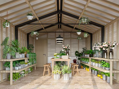 Greenhouse Interior With Hanging Plants Potted Flowers Wooden Shelves And Garden Table 3d model