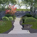 Serene Garden Landscape With Stone Steps Green Hedge Wall And Purple Flowers