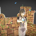 Female Character In White Dress Standing By Stone Walls With Plants And Butterfly