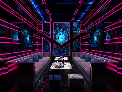 Modern Elegant KTV Space With Vibrant Neon Lights Comfortable Sofas And Digital Screens 3d model