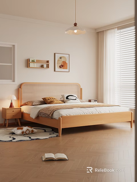Wooden Double Bed With Woven Headboard Pillows Blanket Nightstand Table Lamp Window Blinds And Wall Art 3d model 