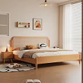 Wooden Double Bed With Woven Headboard Pillows Blanket Nightstand Table Lamp Window Blinds And Wall Art