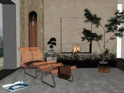 Cozy Lounge Chair with Fireplace Green Plants Side Table and Soft Rug 3d model
