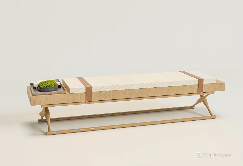 Light Colored Bed Bench With Wooden Frame Upholstered Cushion And Tray With Green Plant 3d model 