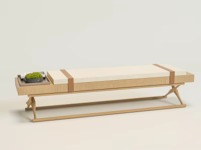 Light Colored Bed Bench With Wooden Frame Upholstered Cushion And Tray With Green Plant 3d model