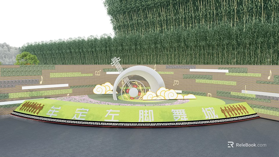 Garden Ornament With Green Circular Lawn Curved White Structure Bamboo Grove Cloud Decorations And Musical Notes 3d model 