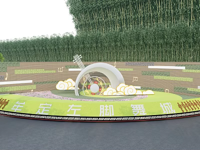 Garden Ornament With Green Circular Lawn Curved White Structure Bamboo Grove Cloud Decorations And Musical Notes 3d model