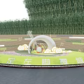 Garden Ornament With Green Circular Lawn Curved White Structure Bamboo Grove Cloud Decorations And Musical Notes
