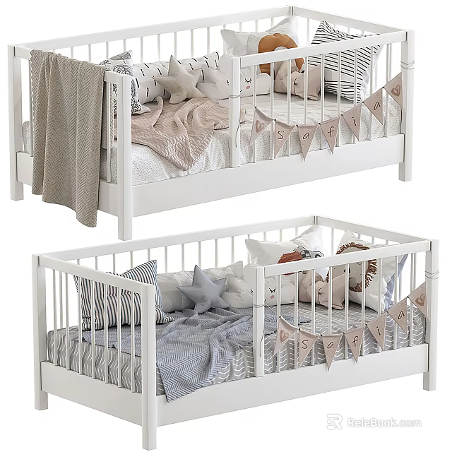 White Wooden Baby Crib With Cozy Blankets Star Pillows And Letter Banners 3d model 