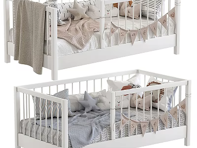 White Wooden Baby Crib With Cozy Blankets Star Pillows And Letter Banners 3d model