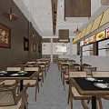 Traditional Chinese Restaurant Interior With Wooden Tables Rattan Chairs Hanging Lanterns And Menu