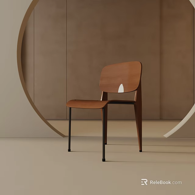 Modern Wooden Dining Chair With Curved Backrest And Black Metal Legs 3d model 