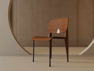 Modern Wooden Dining Chair With Curved Backrest And Black Metal Legs 3d model