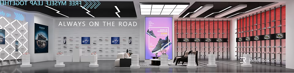 Clothing Store Interior With The Road Sign Purple Poster Sneakers And Shoe Shelves 3d model 