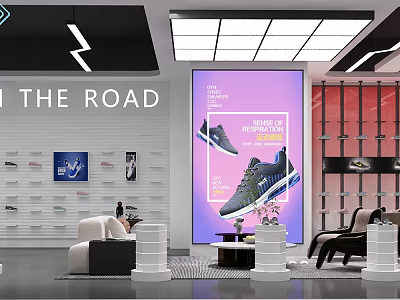 Clothing Store Interior With The Road Sign Purple Poster Sneakers And Shoe Shelves 3d model