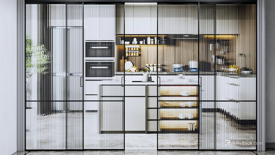 Modern Kitchen Interior With Glass Sliding Doors White Cabinets And Open Design 3d model 